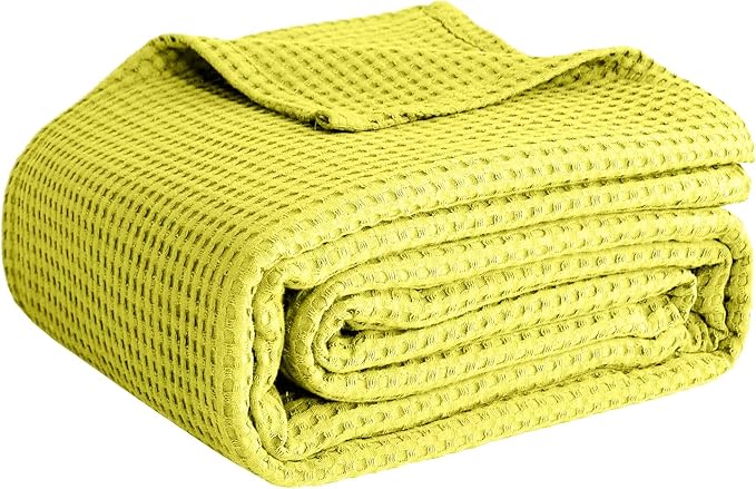 100% Cotton Blankets for Bed - Waffle Weave Blankets for Summer, Lightweight and Breathable Soft Woven Blanket for Spring (Yellow, Throw (50" x 60"))