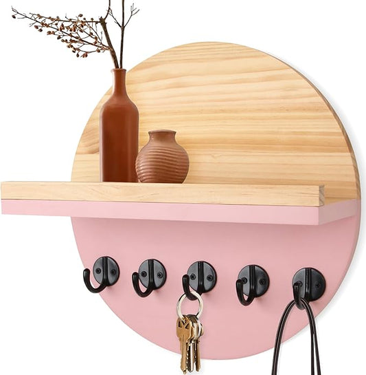 Gurfuy Pink Key Holder for Wall with Shelf - Wood Mail Organizer and Rack with Shelf Hooks Wall Mounted for Entryway Decor Magazines Letter Storage Farmhouse Living Room Bedroom Doorway