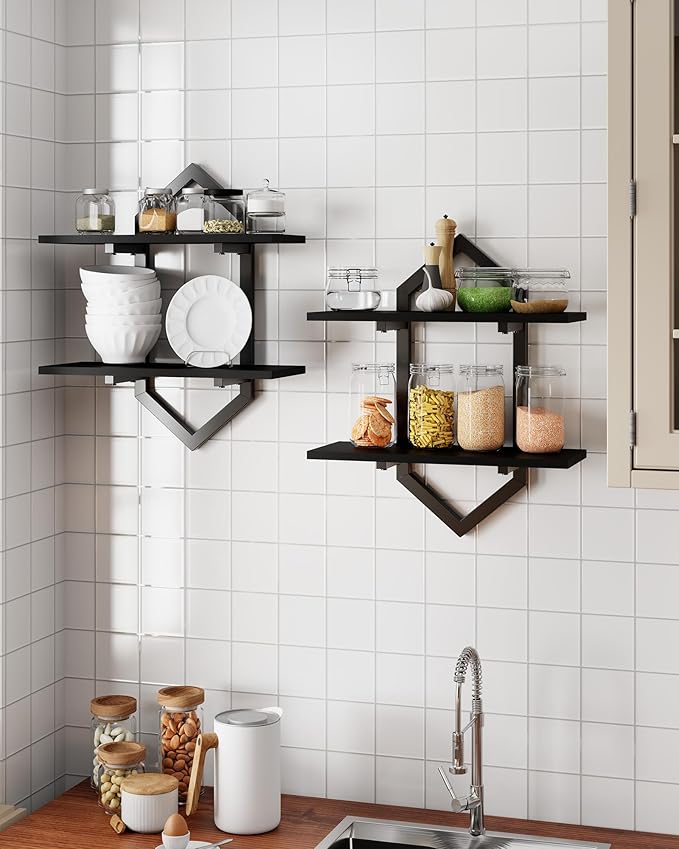 Floating Shelves, Set of 2 Wall Shelf, Wall Mounted Decorative Shelves, 2-Tier Modern Geometric Hanging Storage Shelf for Living Room, Bedroom, Kitchen, Office, Study (Black)