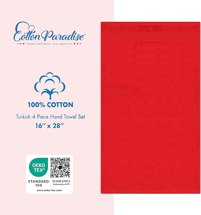 Cotton Paradise 100% Cotton Turkish Towel Set, Soft Absorbent Quick Dry, 4 Piece Hand Towel Set, Red