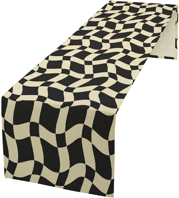 Retro Checkered Table Runner 60s 70s Vintage Twisted Black White Groovy Trendy Wavy Hippie Grid Dinner Runner for Home Kitchen Dining Table Party Holiday Decor 13"x36"