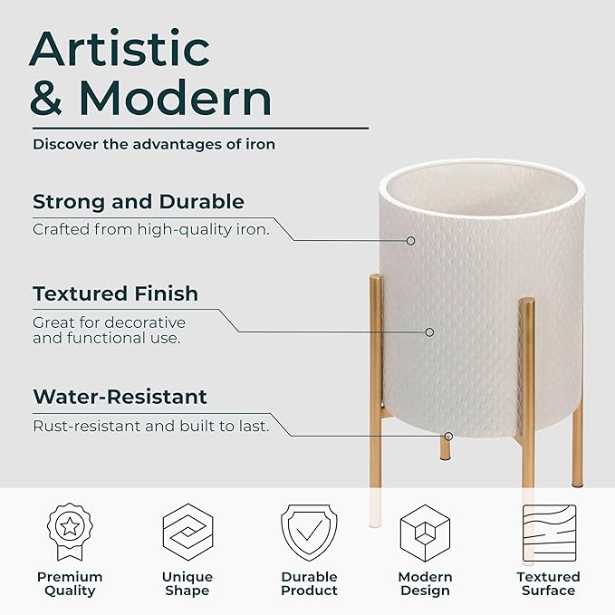 Decorative Flower Pots with Metal Stand for Home Decor - Modern Planters for Hallway, Entryway, and Living Room Decor - Indoor and Outdoor Pots for Plants - Set of 2, 23", 19", White & Gold