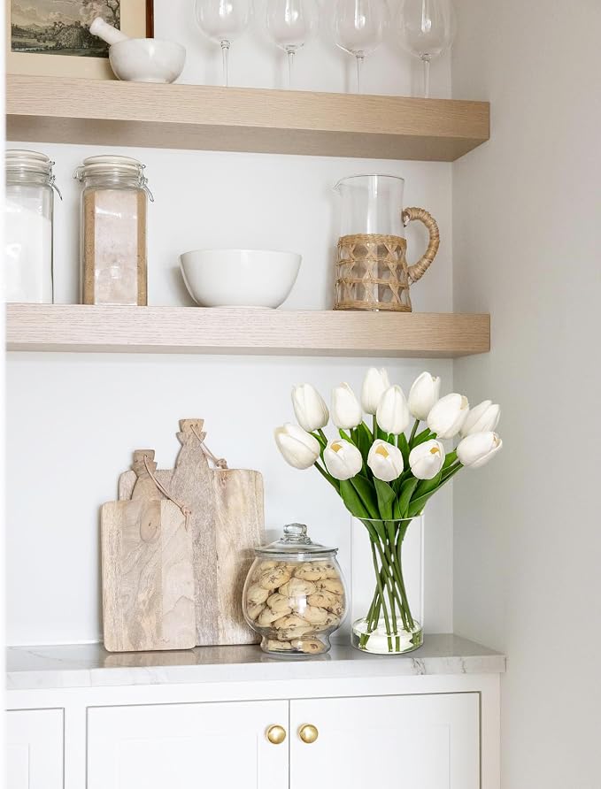 DILATATA 12 Pcs Artificial Real Touch Tulips Flowers in Glass Vase with Faux Water, Tulips Fake Arrangements White Tulips with Vase for Dining Table Home Decor Wedding Centerpieces