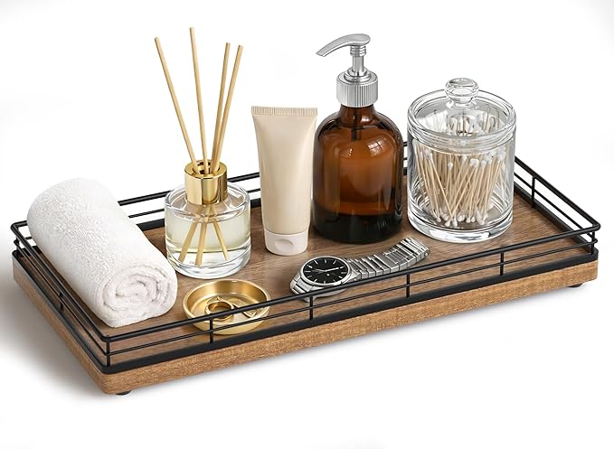 Bathroom Vanity Tray for Countertop, 12" x 6" Acacia Wood Toilet Tank Tray with Metal Guardrail, Bathroom Organizer for Soap, Perfume & Skincare, Non-Slip Decorative Tray for Dresser, Black & Acacia