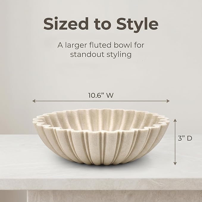 Decorative Bowl Set for Home Decor, 10.6" Large Beige Scalloped Fruit Bowl for Coffee Table, Entryway Table or Kitchen Counter, with 10 Artificial Moss Rocks and Decorative Moss