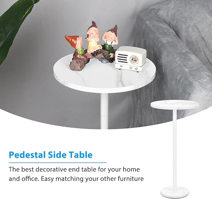 smusei Round End Table with Marble Base Drink Tables for Small Spaces Pedestal Table Small Round Side Table for Sofa Couch Chair Patio, White