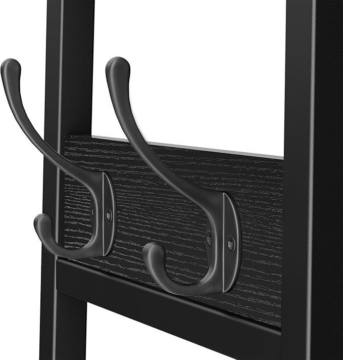 Coat Rack Freestanding, Coat Stand with Metal Basket and Storage Shelves, Hall Tree Free Standing With and 7 Hooks, Clothes Rack Stand Organizer, Black