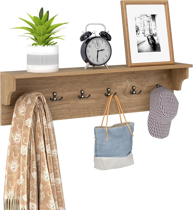 Giantex Coat Rack Wall Mount, 31.5" Wooden Coat Hooks with Shelf, Wall Clothes Rack w/ 6 Dual Hooks for Hats Towels Purses Robes, Floating Display Shelf for Living Room Bedroom Entryway, Natural