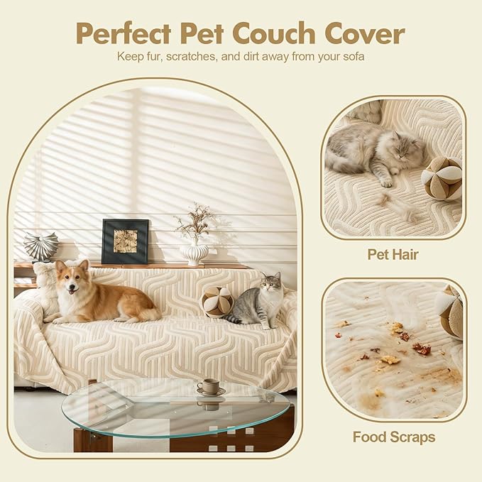 WEYOND Soft Plush Couch Cover, Washable Sofa Cover with Non-Slip Backing, Furniture Protector for Dogs & Pets, Pet-Friendly Sofa Slipcover (71" x 150", Light Brown)