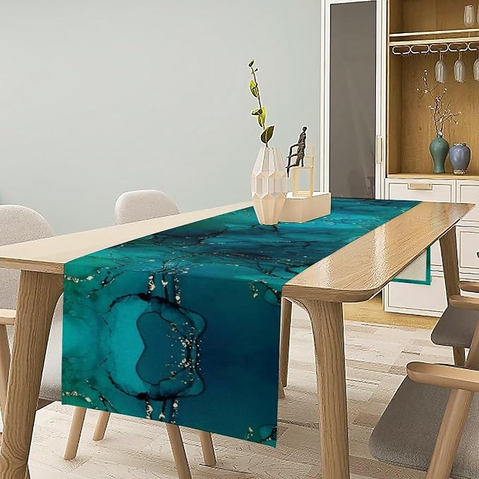 Turquoise Marble Table Runner, Teal Blue Gold River Textured Modern Abstract Art Table Runner for Kitchen Dining Home Party Wedding Decor, 13x108 Inch