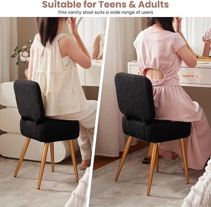 Updated Vanity Chair, Storage Ottoman with Folding Back & Gold-Toned Metal Legs, Ottoman Seat with Teddy Velvet for Dressing Room Living Room Bedroom, 15" x 12" Inch