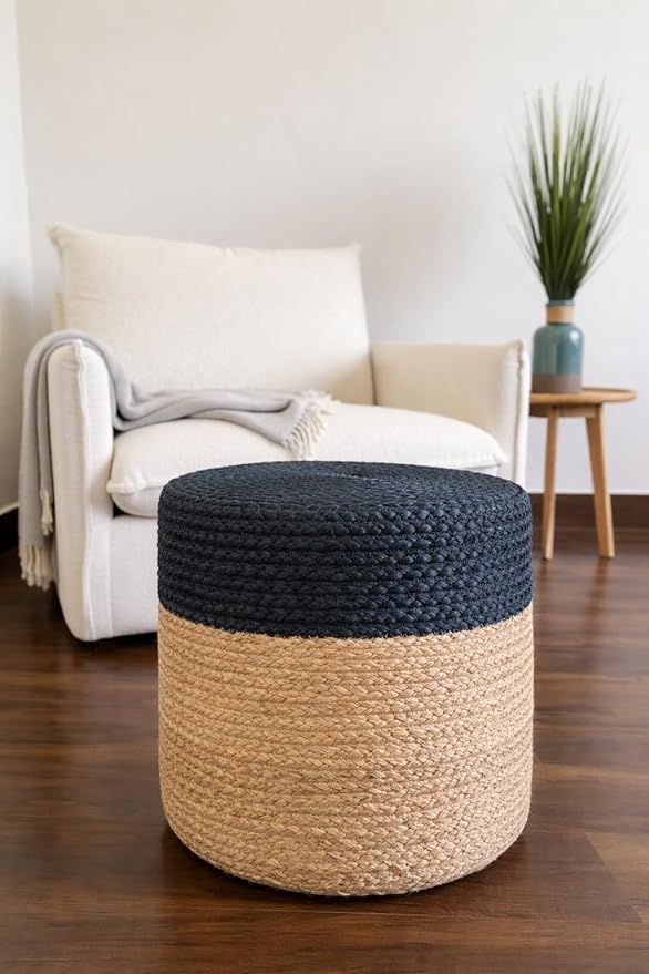 S & L Homes Pouf Ottoman - 100% Jute Braided Footrest Pouf Hand Knitted Traditional Cord Boho Pouffe for Living Room, Bedroom, Nursery, Patio, Lounge Colorblock - Natural Navy (16”x16”x16”)