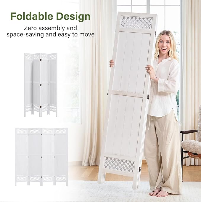 Privacy Screen Room Divider Panel - 67 Inch Tall Natural Wood Folding Partition Room Dividers, No-Assembly Required, Enhance Privacy and Aesthetic Appeal, Ideal for Home or Office White 4 Panel