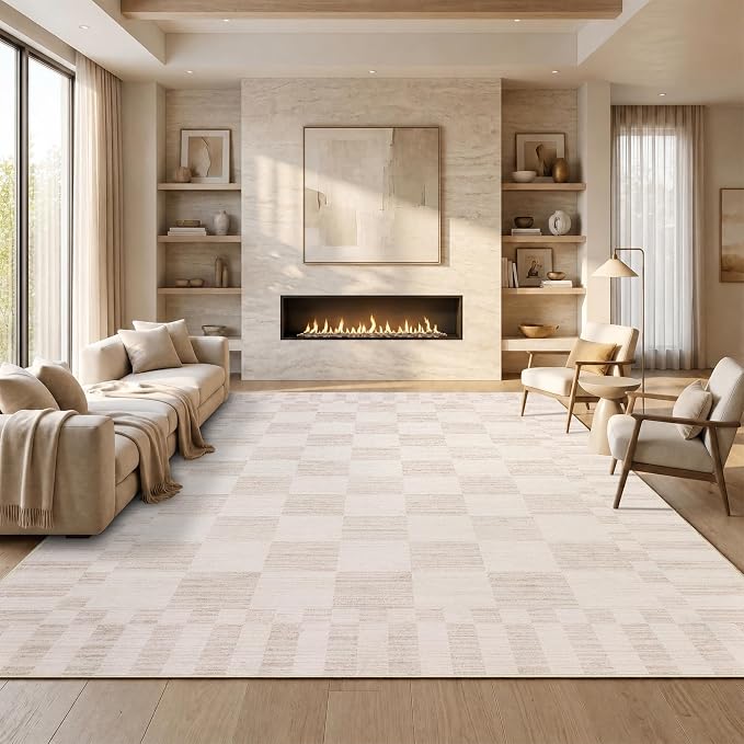 GarveeHome Beige Checkered Rug 5×7 Area Rugs for Living Room，Non-Slip Washable Rug Soft Low-Pile, Neutral Modern Farmhouse Geometric Rugs for Bedroom Dining Room Office