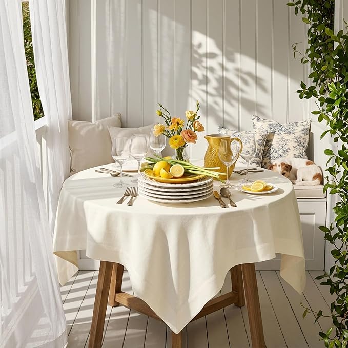 Solino Home Linen Ivory Tablecloth 52 x 52 Inch - 100% Pure Linen Square Table Throw - Fete, Machine Washable Table Cloth for Summer