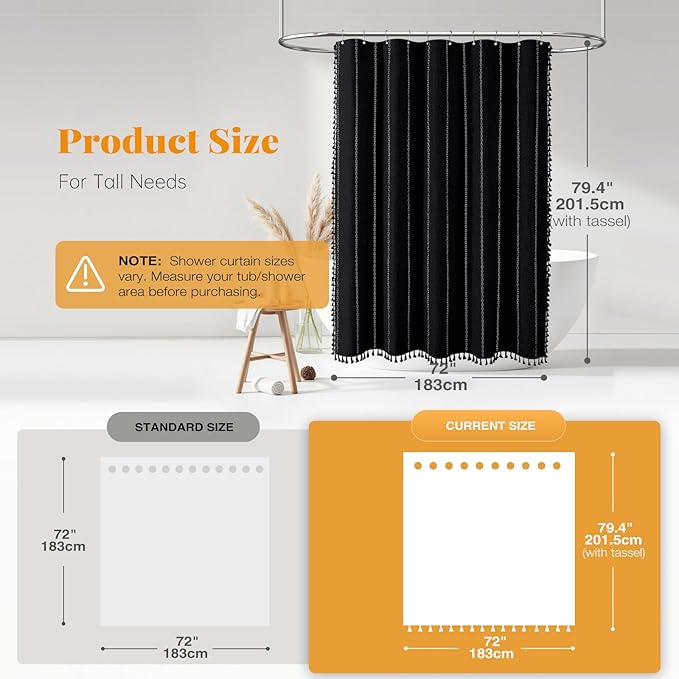 BTTN 78 Inch Long Shower Curtain - Boho Farmhouse Striped Linen Fabric Shower Curtain Set with Tassel, Tall Rustic Country Luxury Shower Curtains for Bathroom with Hooks, 72x78, Black and White