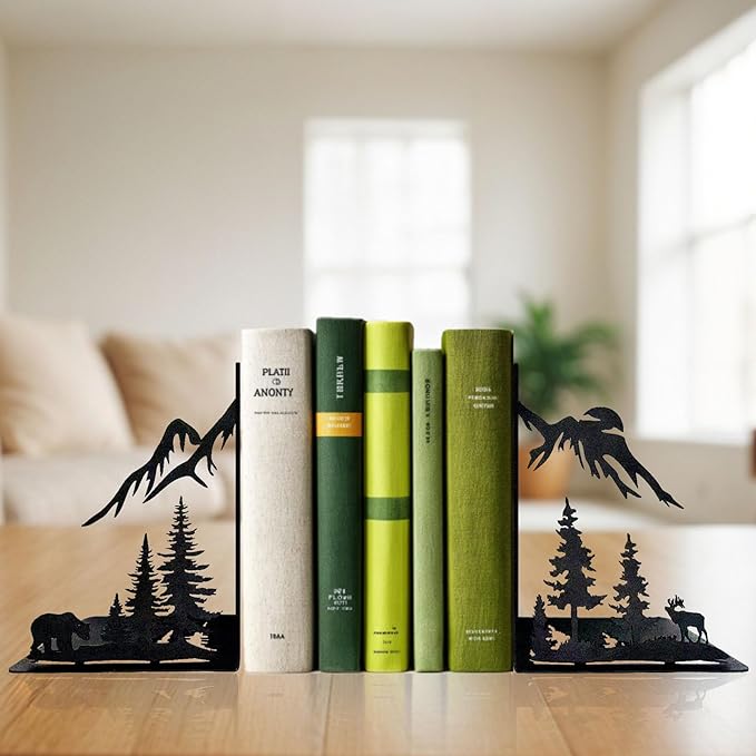 Mountain Forest Book Ends Decorative for Shelves, Cute Metal Bookends for Heavy Books, Unique Laser Cut Book Holders, Black Book Stopper for Home Office, Decorative Bookends for Shelf Decor