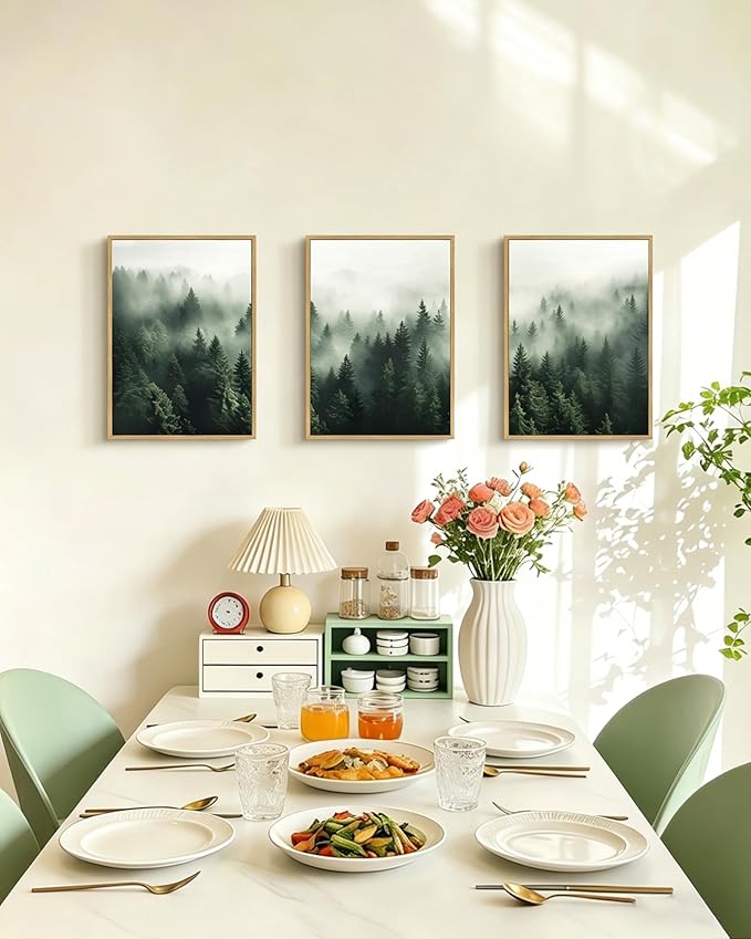 PHOPAGO Green Fog Pine Tree Framed Wall Art Nature Misty Nordic Forests Artwork Morden Paints for Living Room Hallway Decor - 12x16in Natural Framed