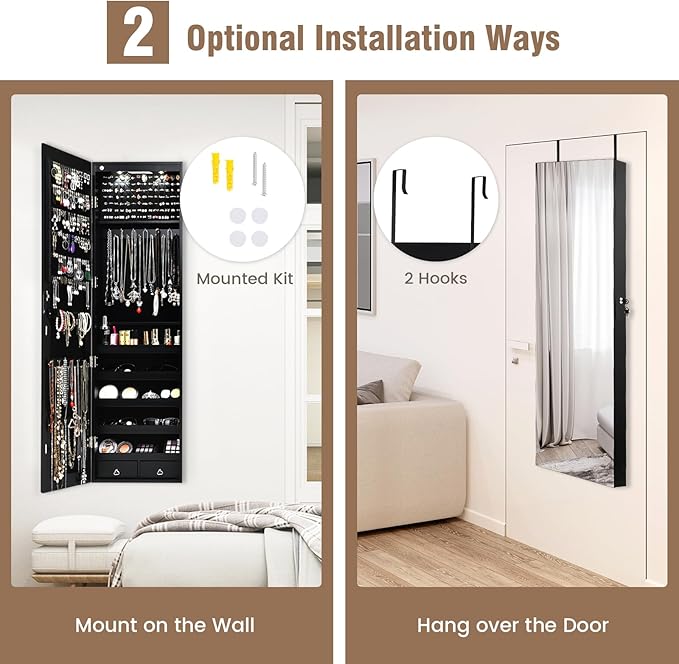 LOKO Mirrored Jewelry Armoire, Wall/Door Mounted Jewelry Cabinet with Full-Length Mirror, Lockable Jewelry Storage Organizer with 2 Drawers & 2 LED Lights, for Girls Women Gift Bedroom (Black)