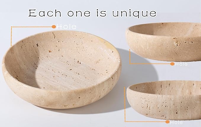 Natural Travertine Decorative Bowl 7.8", Handmade Stone Catchall Bowl for Entryway Key, Coffee Table Centerpiece, Kitchen Counter Fruit Bowl, Ring Tray, Office Home Decor Modern Apartment Essential