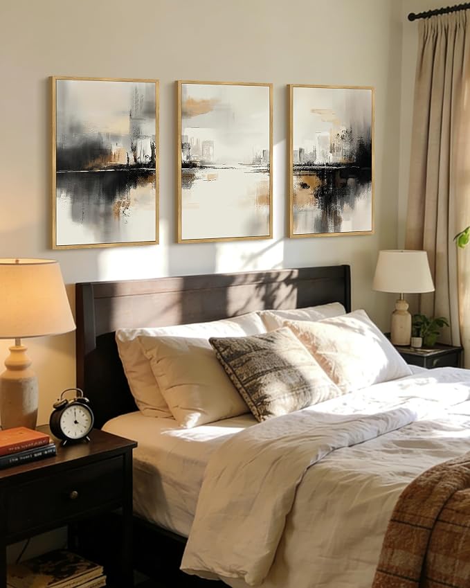 PHOPAGO Black Gray Abstract Landscape Framed Wall Art 16x24in Brown Tan Neutral Wall Decor Minimalist Modern Prints Home Decor - Natural Framed
