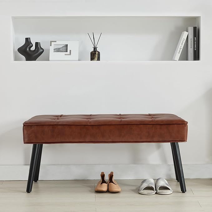40'' Upholstered Bench, Entryway Ottoman with Wooden Legs for Living Room, End of Bed Bench, Brown(PU)