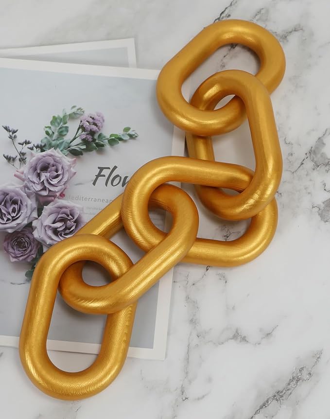HMASYO Golden Wood Chain Link Decor, 5-Link Wooden Decorative Chain Home Decor Accents, Coffee Table Decor, Shelf Decor Aesthetic, Modern Bookshelf Table Decorative Objects for Living Room