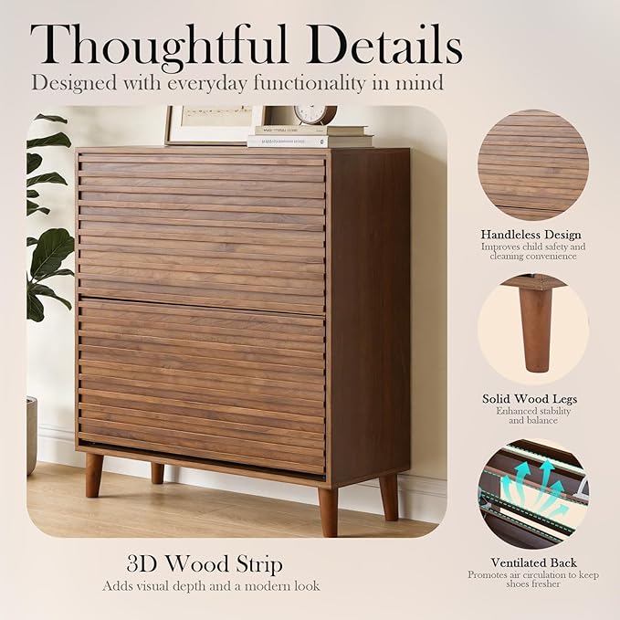 Narrow Shoe Storage Cabinet for Entryway 31.5'' Hidden Shoe Rack Cabinet with 2 Flip Drawers, Wood Slim Shoes Organizer with Wood Stripes for Hallway, Living Room (Walnut)