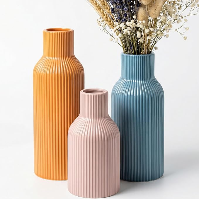 Colorful Ceramic Vases Set of 3, Smooth Round 3D Vertical Ribbed,Minimalist for Pampas Grass &Fresh Flowers, Centerpiece for Living Room, Shelf, Entryway, Wedding(Pink, Blue, Orange)