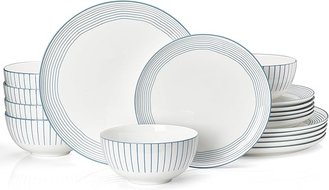 Sweese Lightweight Dinnerware Sets, Plates and Bowls Set for 6, 18 Pieces Stripe Dishes - Chip and Scratch Resistant, Microwave and Dishwasher Safe Porcelain Dinner Sets, Blue