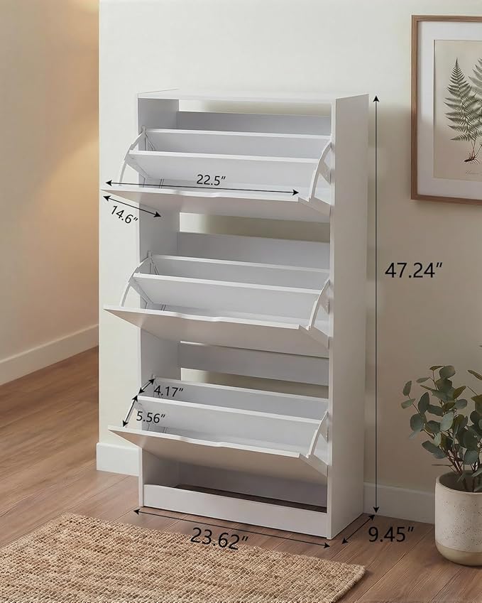 Shoe Cabinet with 3 Flip Drawers, Hidden Wood Shoe Cabinet，Narrow Shoe Rack Cabinet，Freestanding Organizer Storage for Hallway or Hallway, White