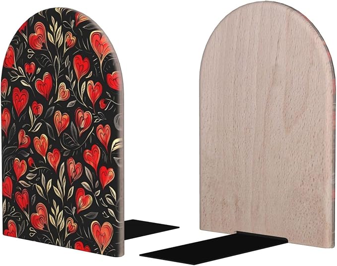 Red Love Heart Leaves 2 Piece Wood Decorative Bookends 6.7x4.2 in, Book Ends for Home Office Library Shelves Decor Room Kitchen Desktop