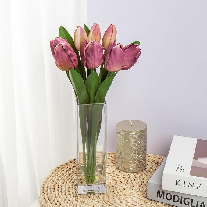 Briful Fake Flowers Artificial Tulip Flower Purple in Clear Vase, Real Touch EVA Tulip Arrangement Suitable for Home Office Fall Decoration, Dining Table Centerpiece