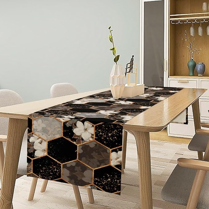 Geometric Marble Table Runner, Black Gold Hexagon White Flower Bloom Accent Table Runner for Kitchen Dining Party Wedding Decor, 13x60 Inch