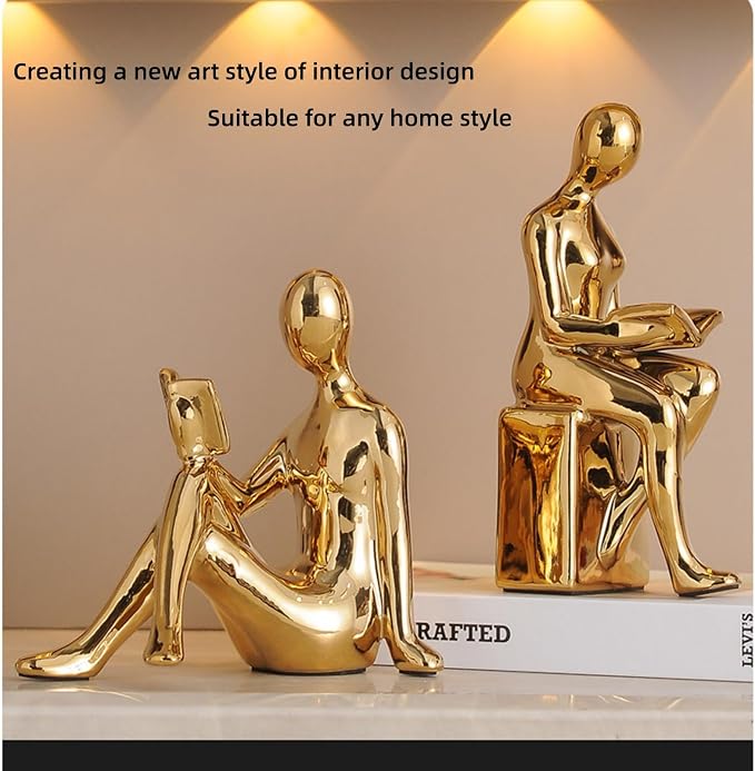 Ceramic Decorative Gold Bookends Set of 2, Sturdy Stable Non-Slip for Books, Modern Abstract Sculptural Book Ends, Geometric Human Face Aesthetic Shelf Decor for Home Office Library