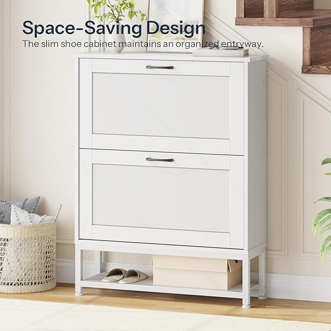 HOOBRO Shoe Cabinet, Narrow Shoe Storage Cabinet with 2 Flip Drawers, Hidden Shoe Rack with Adjustable Divider and Metal Legs, Space-Saving for Entryway, Hallway, White WT21SC01