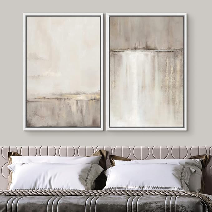 SIGNWIN Framed Canvas Print Wall Art Set Grunge Duotone Tan Landscape Abstract Shapes Illustration Modern Art Decorative Nordic Chic Relax/Zen for Living Room, Bedroom, Office - 16"x24"x2 White