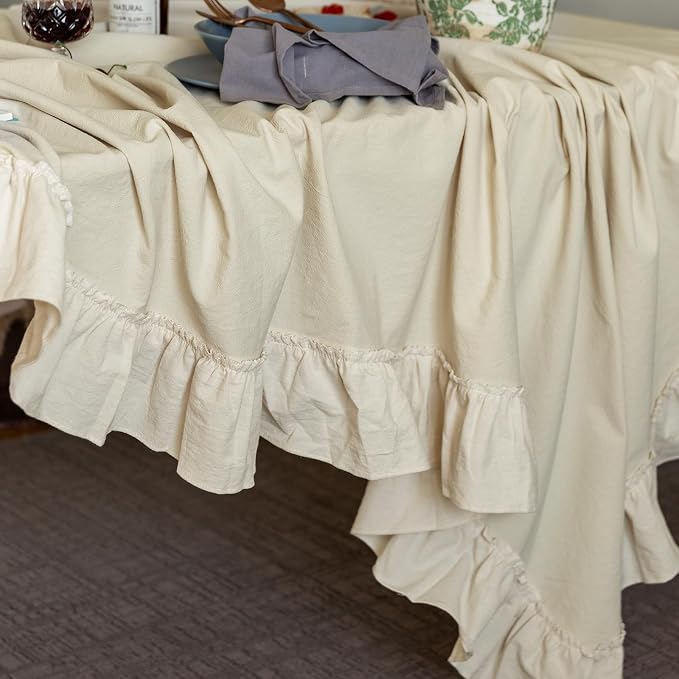GLORY SEASON Retro Farmhouse Ruffle Tablecloth Cotton Flounces Trim Washable Table Cover Tablecloths for Rectangle Table Baby Shower Kitchen Party Wedding Decor 60''x102''