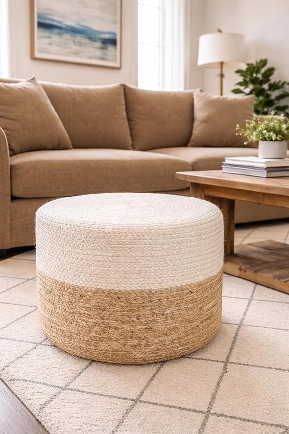 Jute Pouf Ottoman | Footrest Pouf | Hand Braided - Round Boho Pouffe - for Living Room, Bedroom, Nursery (18"x18"x12") Ivory
