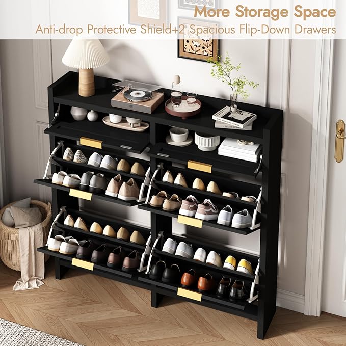 HOKYHOKY Large Rattan Shoe Storage Cabinet with 4 Flip Drawers & 2 Storage Drawers – Hidden Slim Shoe Organizer for Entryway, Large Tabletop Space, Farmhouse Boho Narrow Shoe Rack, Rustic Black
