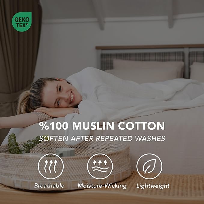Goqan Muslin Blanket Queen 79x90 – 100% Turkish Cotton 4 Layer Boho Muslin Blanket for Adults, Four Season, Lightweight and Thin, Soft, Breathable for Bed - White