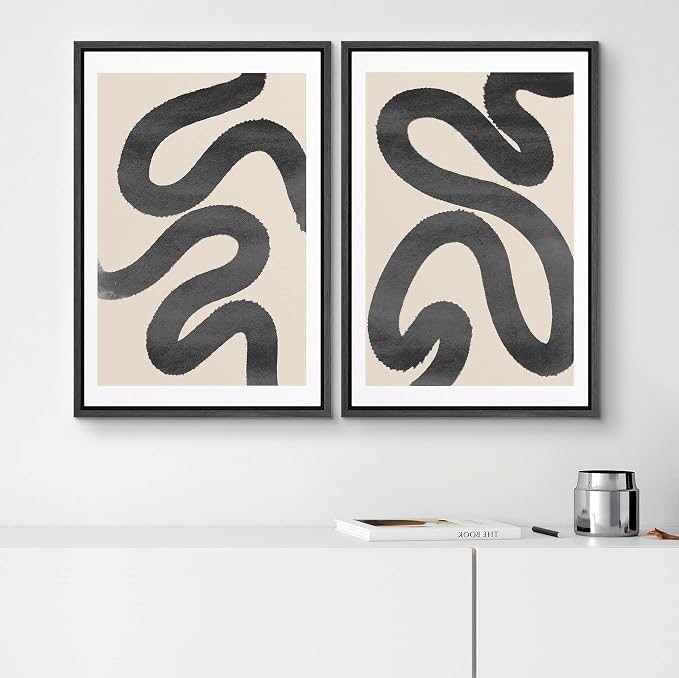 SIGNWIN Framed Wall Art Print Set Black Squiggly Lines Over Tan Background Abstract Swirly Digital Art Modern Art Mid-Century Modern Expressive for Living Room, Bedroom, Office - 24"x36"x2 Black