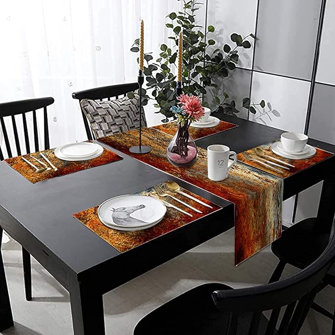 Brown Rust Table Runner and Place Mats Set of 6 Abstract Colorful Metal Steel Iron Rusty Stain Linen Dining Mat Sets Washable Vintage Splash Messy for Home Table Decorations 90 Inches Long