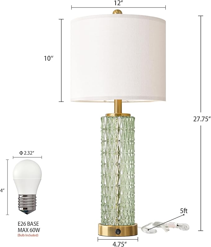 Oneach 27.75" Modern Table Lamps Set of 2, Green Bedside Lamp with Glass Nightlight, USB A+C, Unique Desk Lamps for Living Room, Bedroom, Nightstand, End Table (2 Bulbs Included)