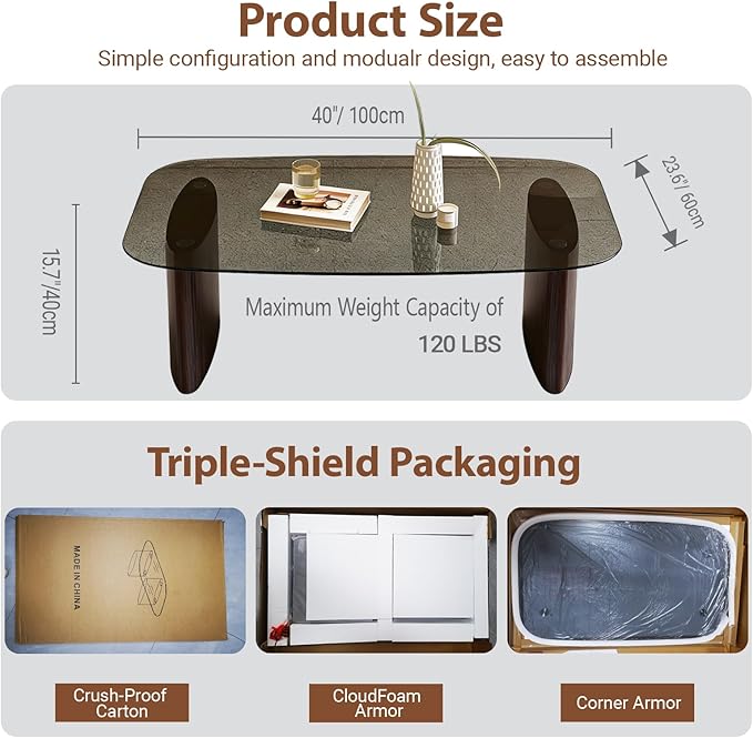 Modern Glass Coffee Table, Coffee Table for Living Room,Tempered Glass-top with Sturdy Wooden Base, Modern Coffee Tables for Small Space, Apartment, Office, Minimalist Design (Walnut)