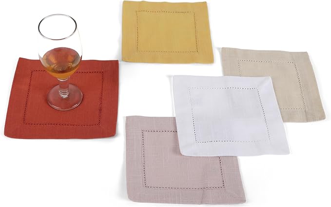 FINGERCRAFT Cocktail Napkins 6 x 6 Inch Premium Quality Cotton, Generous Hemstitch and Mitered Corner Set of 12 Coaster Cloth White