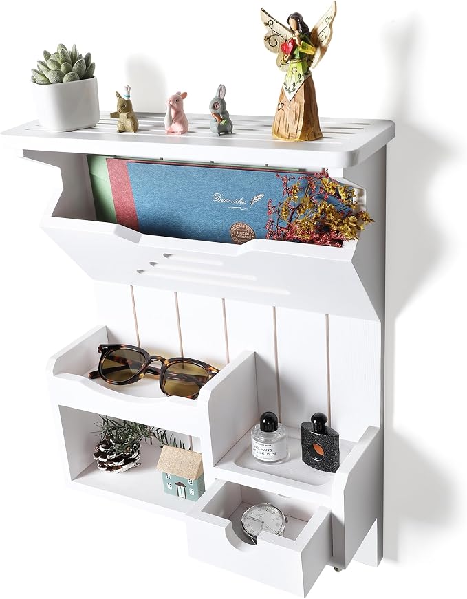 DOPACE Key Holder for Wall, Mail and Key Holder, Mail Organizer Wall Mount with Storage Drawer and 6 Hooks, Easy Installation Key Holder for Entryway and Home Decor, White