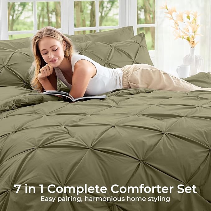 Sasttie Full Size Comforter Set, 7-Piece Bed in a Bag, Pintuck Bedding Sets for All Season, Includes Comforter, Flat Sheet, Fitted Sheet, Pillowcases and Pillowshams, Olive Green