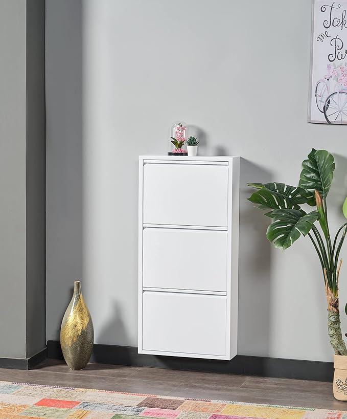 Flip Drawer Shoe Cabinet, Storage Organizer, Freestanding Shoe Rack, Wall Mounted No-Assembly (White, 2 Drawer)