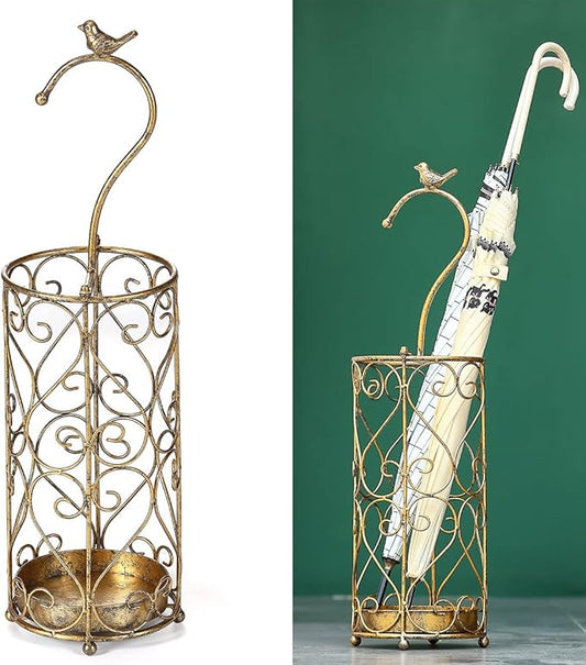 Umbrella Rack Stand,Umbrella Rack for Entryway,Canes Walking Sticks,Cast Iron Bird Handle and Drip Tray (Antique Gold)